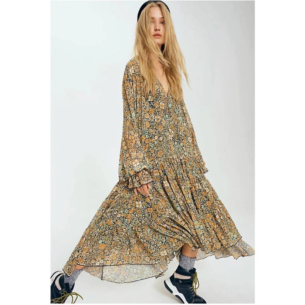 Free People Dress Womens XS Cream Green Feeling Groovy Floral Maxi Chiffon Boho